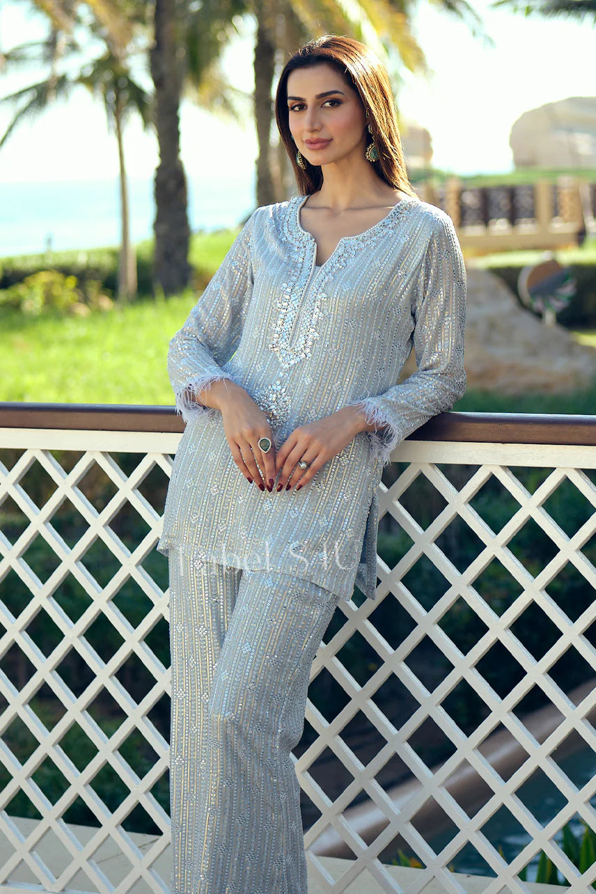 Off white gorgeous sequin and handwork partywear co-ord set