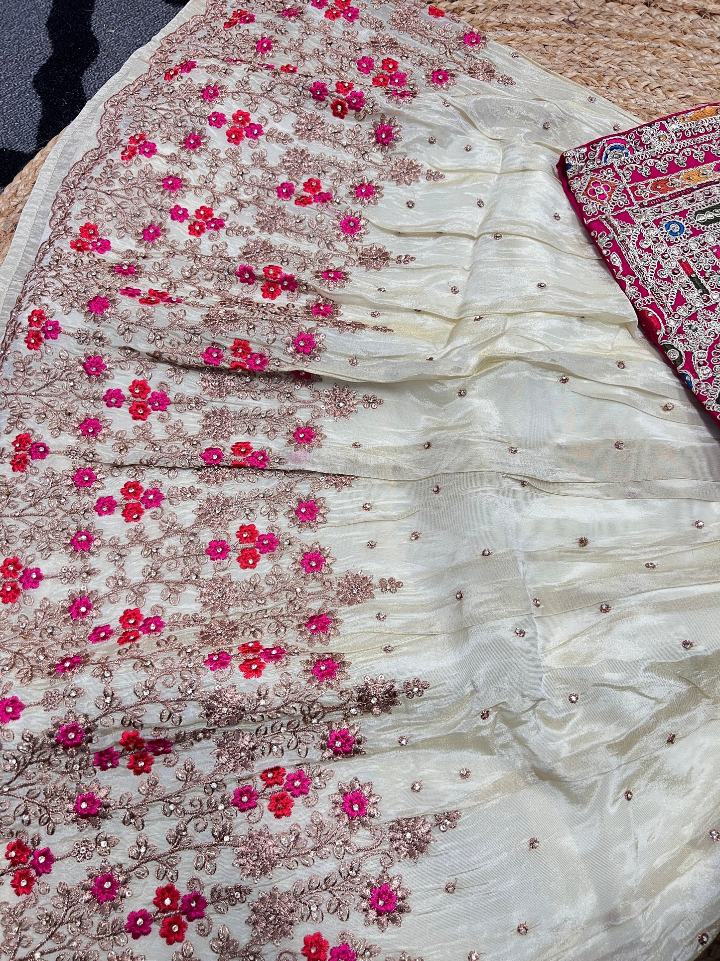 Girls Pink and off white heavy work lehenga choli dupatta