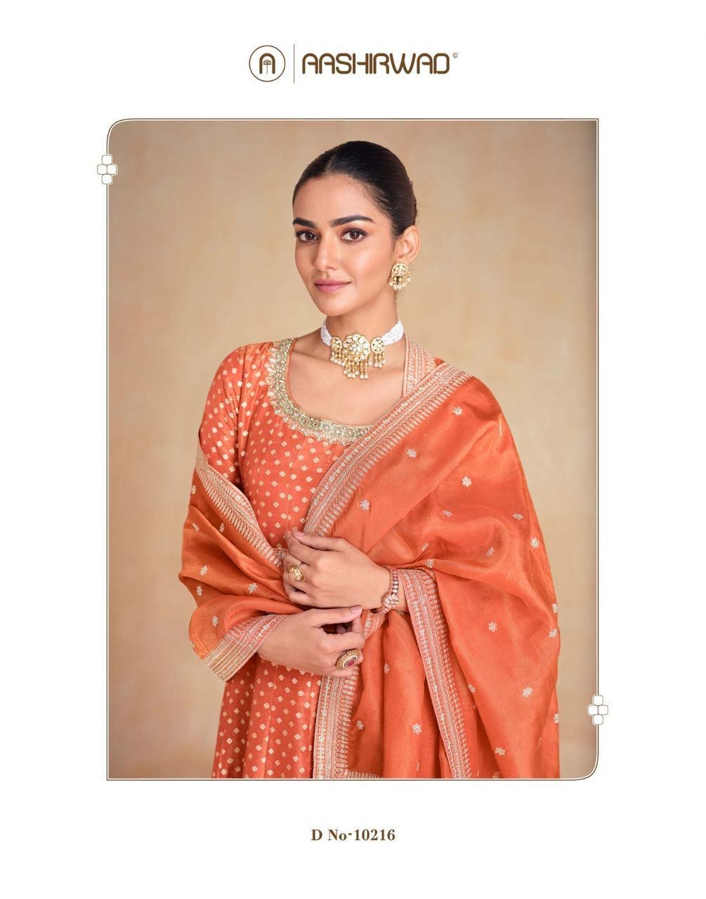 Orange banarasi jacquard long anakali gown set