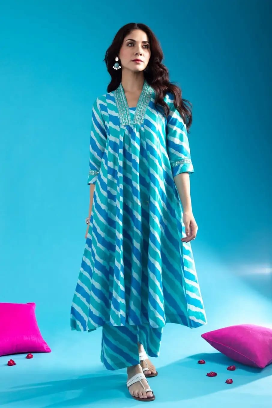 Aqua blue pure cotton elegant v neck 2 piece co-ord set