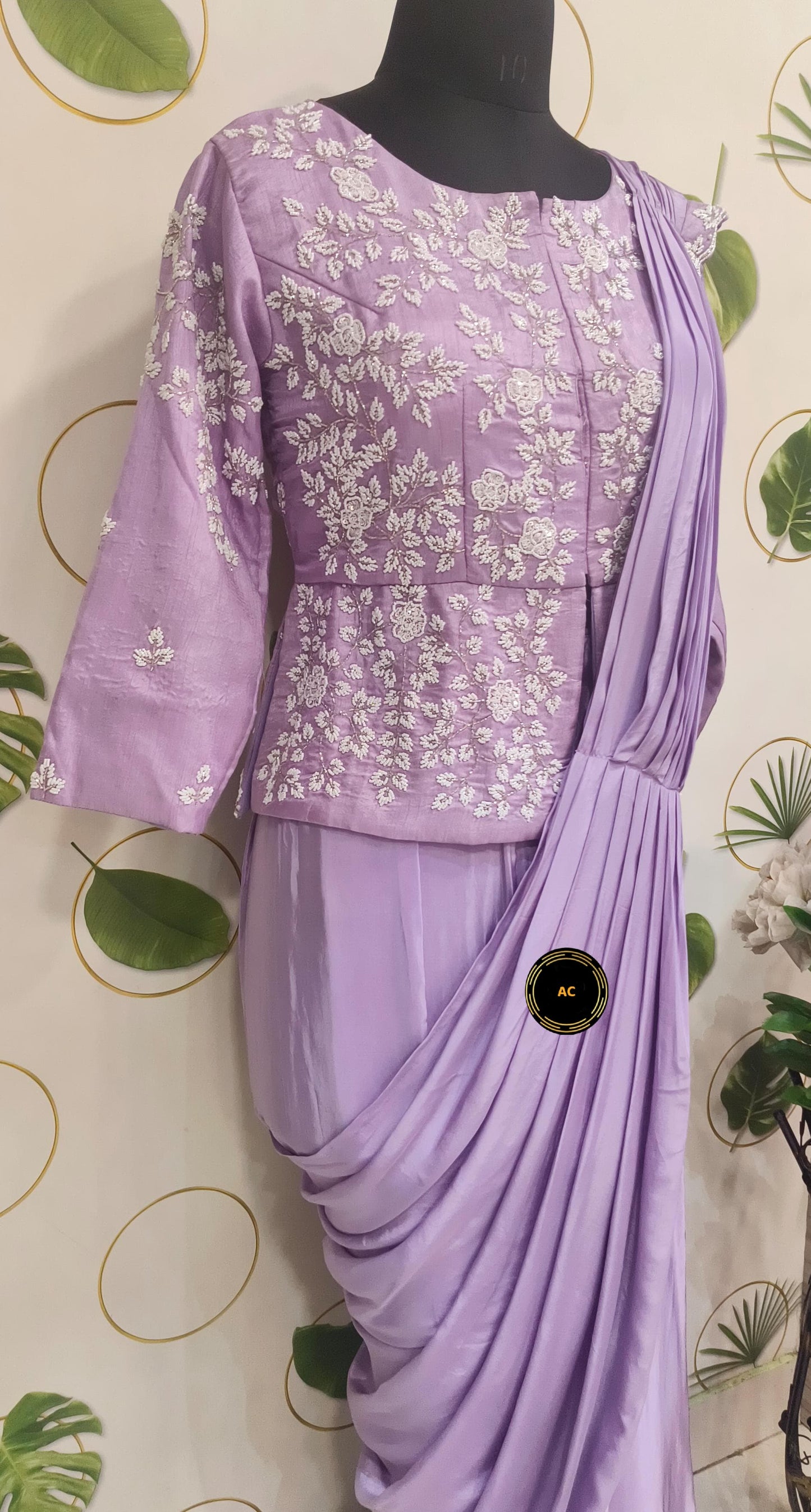 Lavender heavy handwork predraped saree