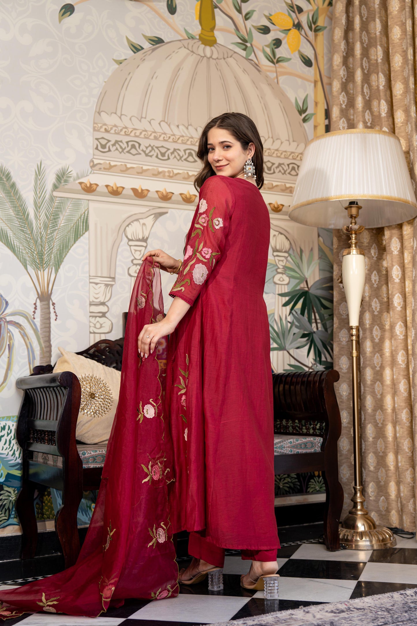 Wine pure mul chanderi stylish A line suit