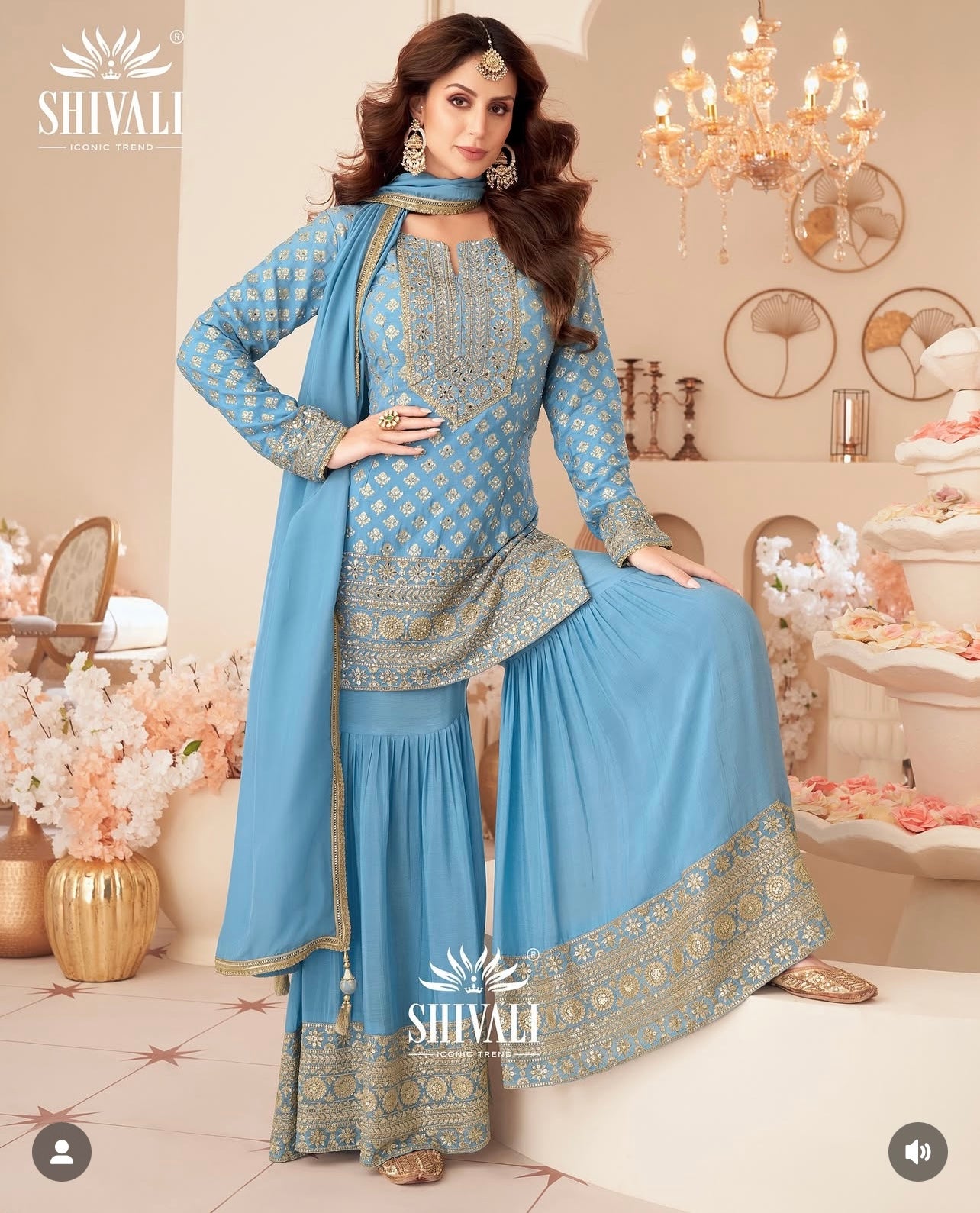 Aqua blue stunning heavy work partywear sharara suit