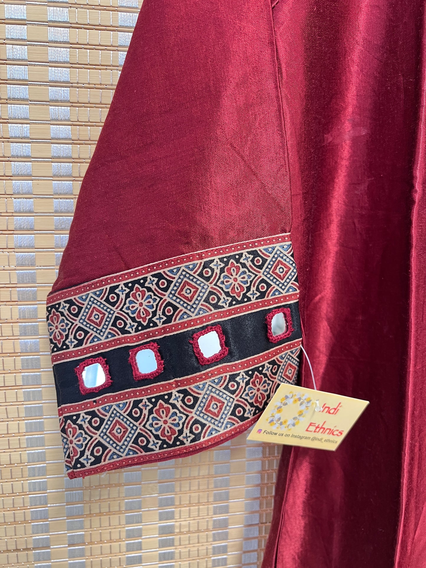 Maroon pure gaji silk kacchi work kurti with real mirror work