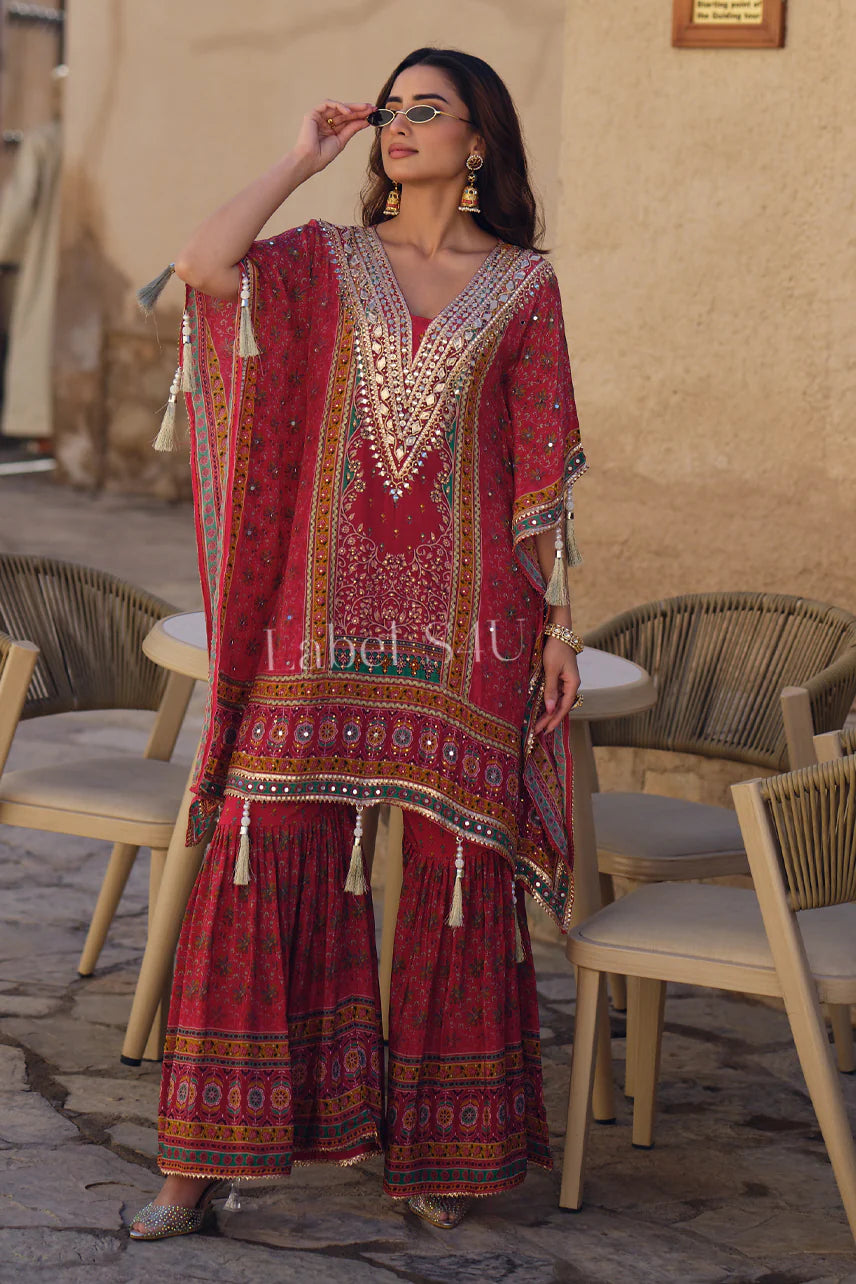 Dark red partywear gota and mirror work kaftan sharara set