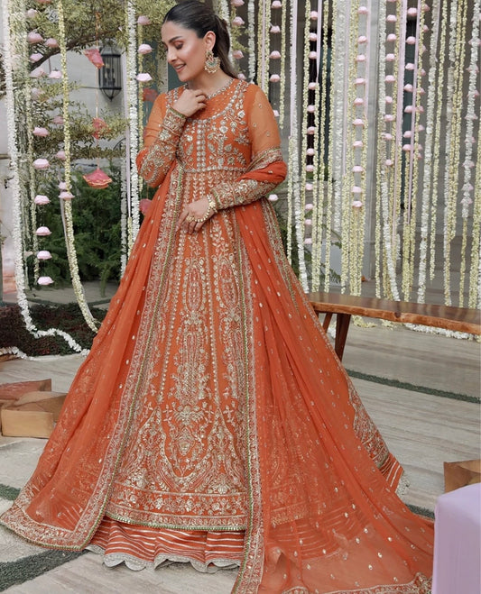 Orange heavily embellished stunning anarkali gown skirt dupatta partywear