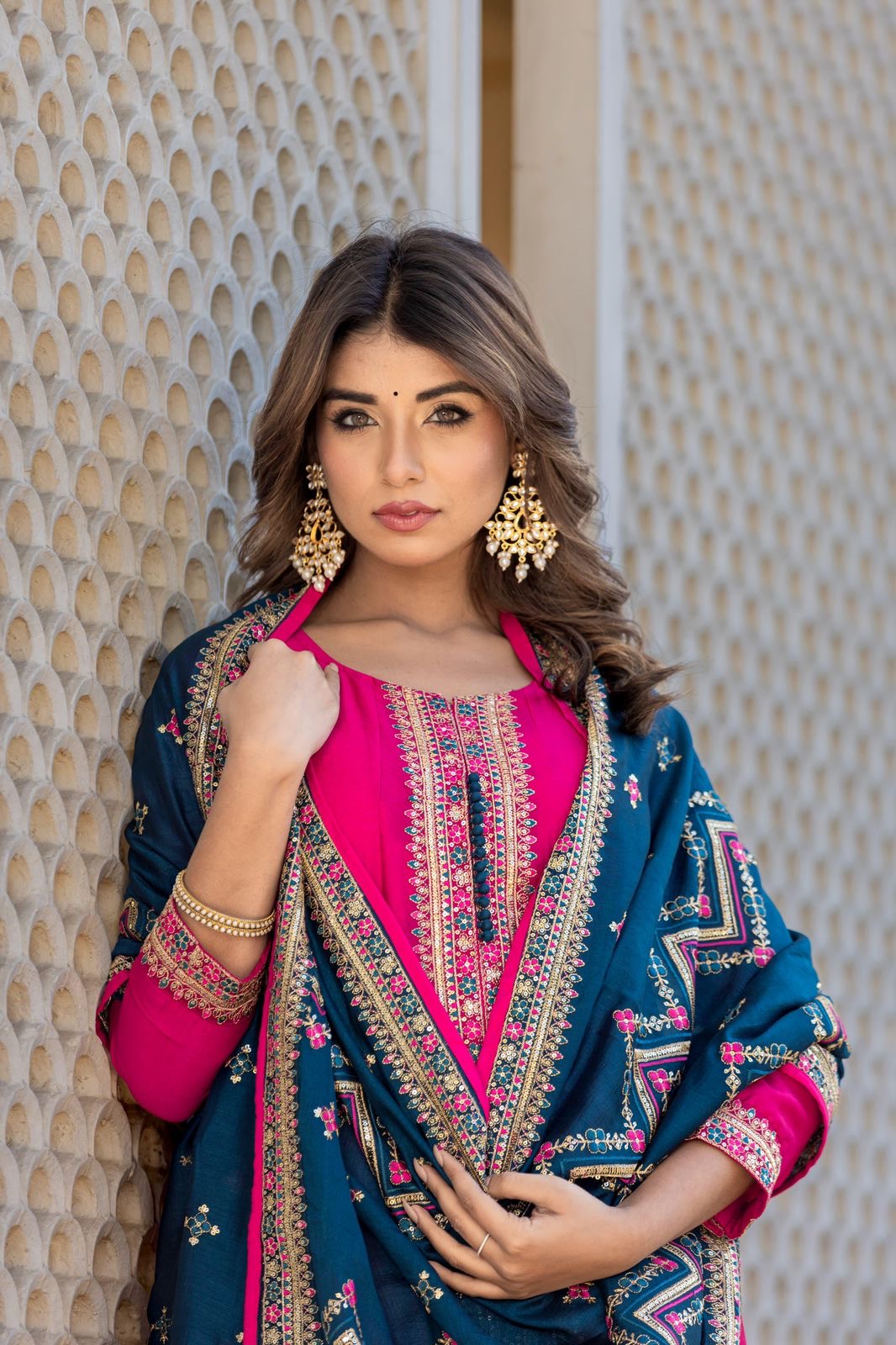 Hot pink and teal heavy embroidered front slit kurta set