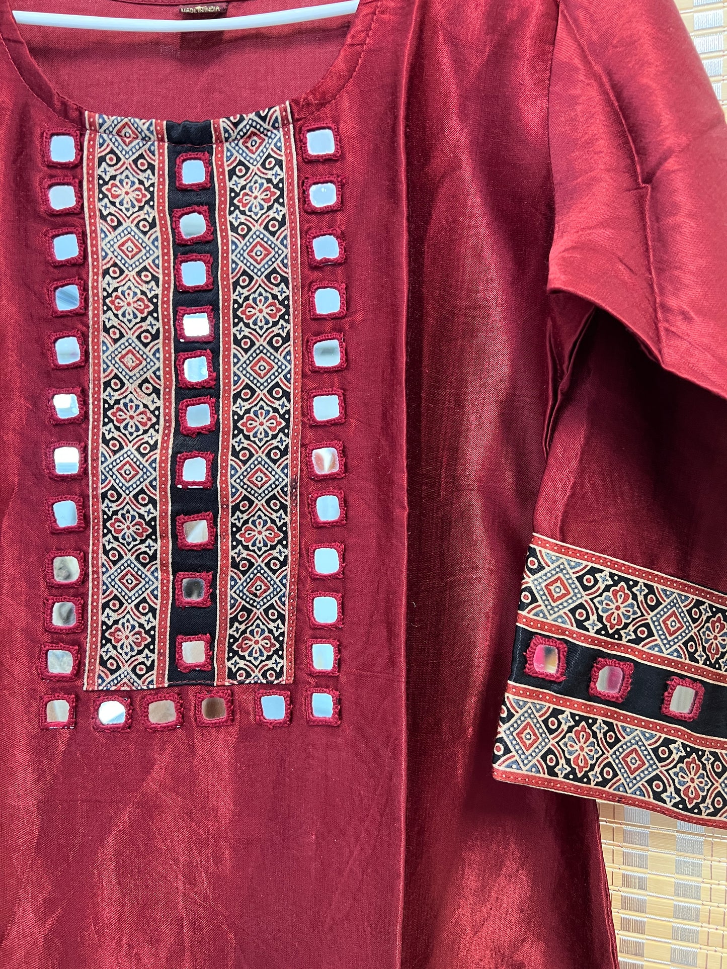 Maroon pure gaji silk kacchi work kurti with real mirror work