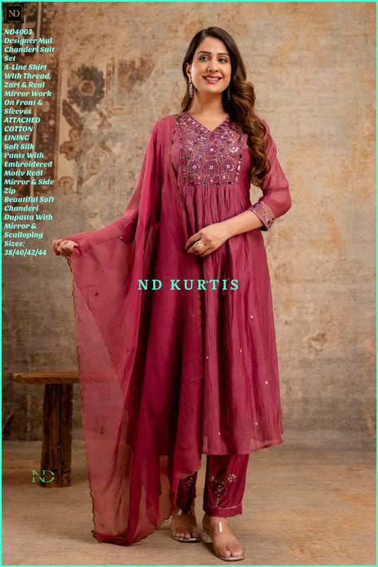 Maroon real mirror work mul chanderi kurta set