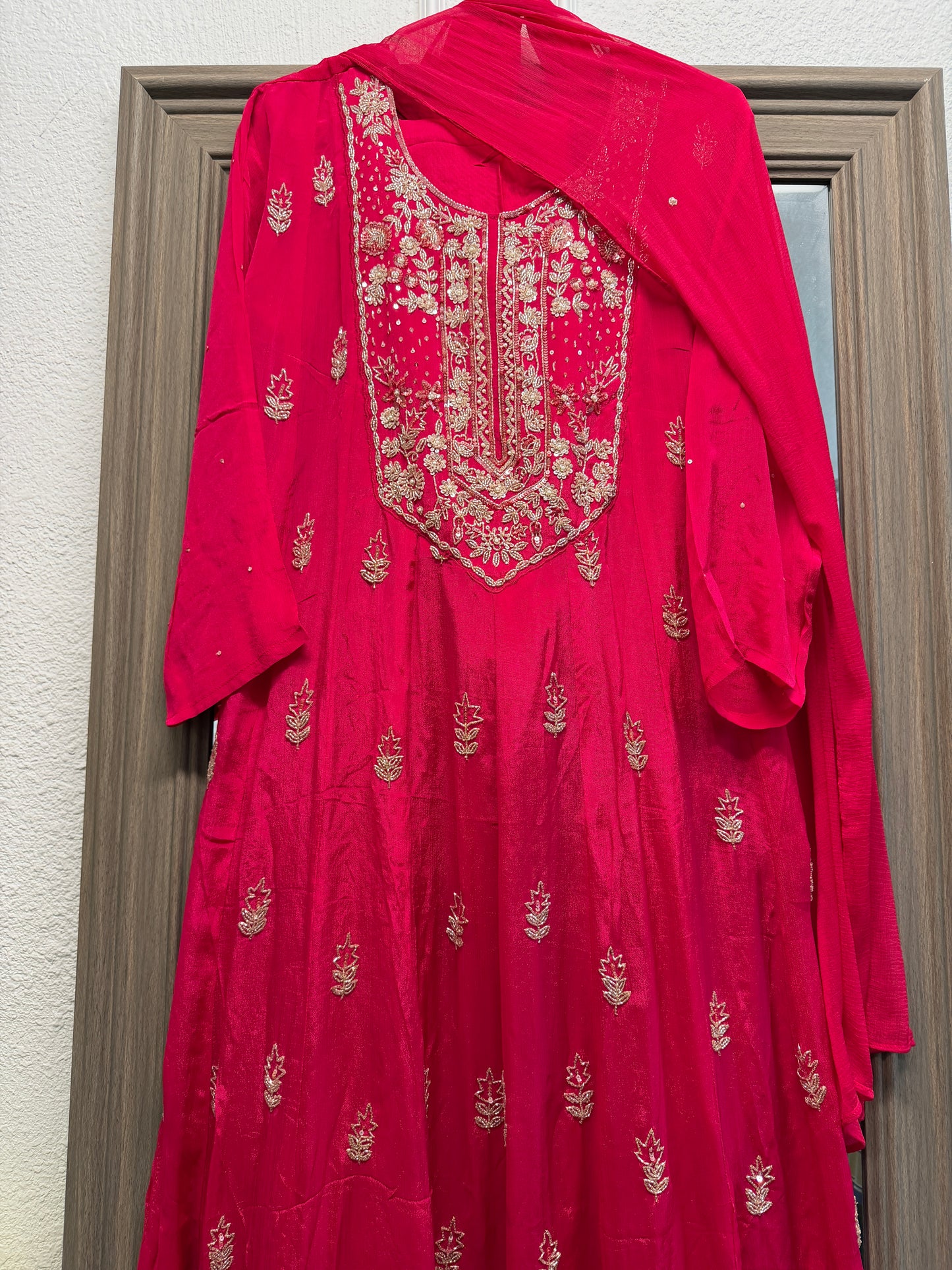Pink red handwork anarkali kurta set
