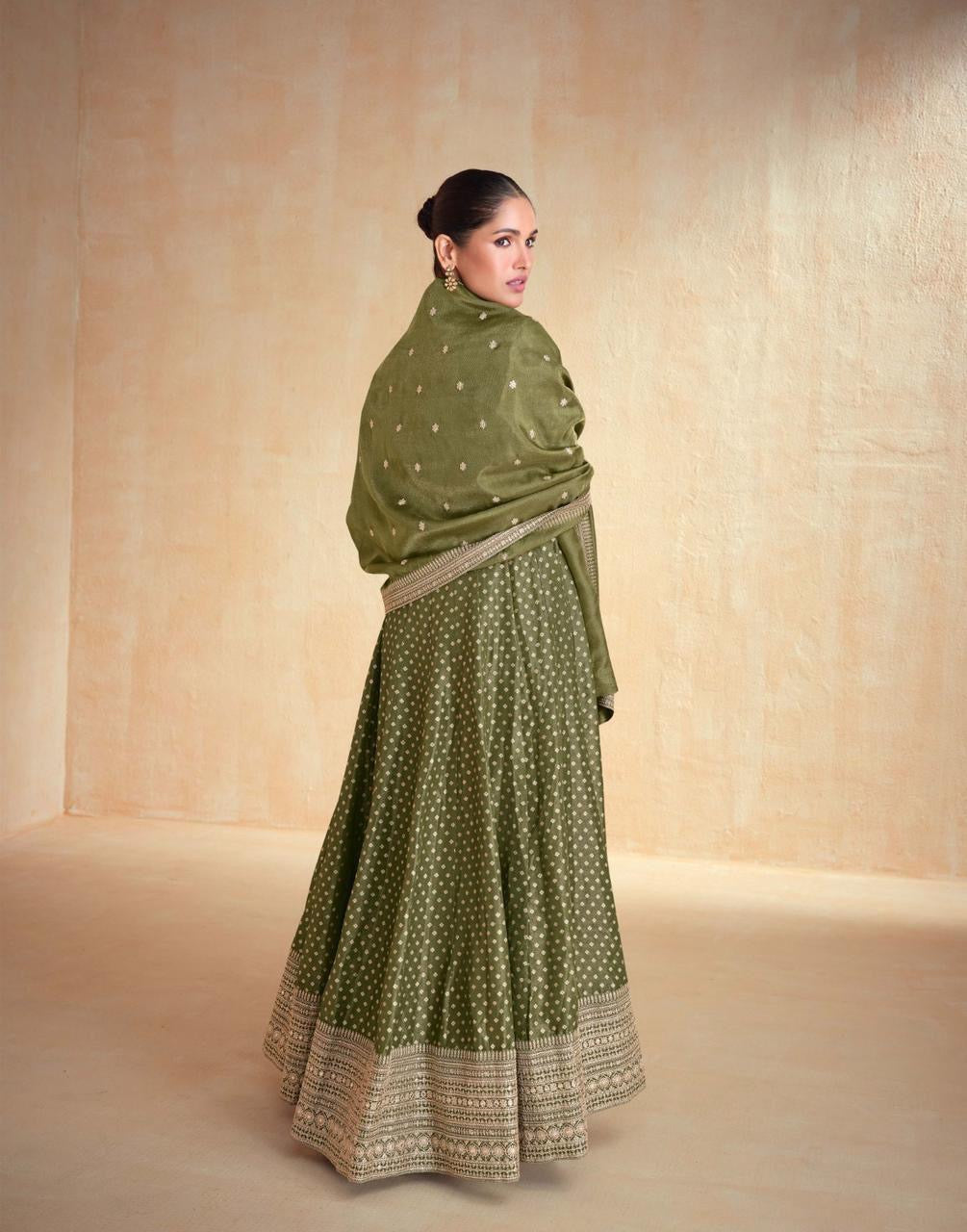 Green banarasi jacquard long anakali gown set