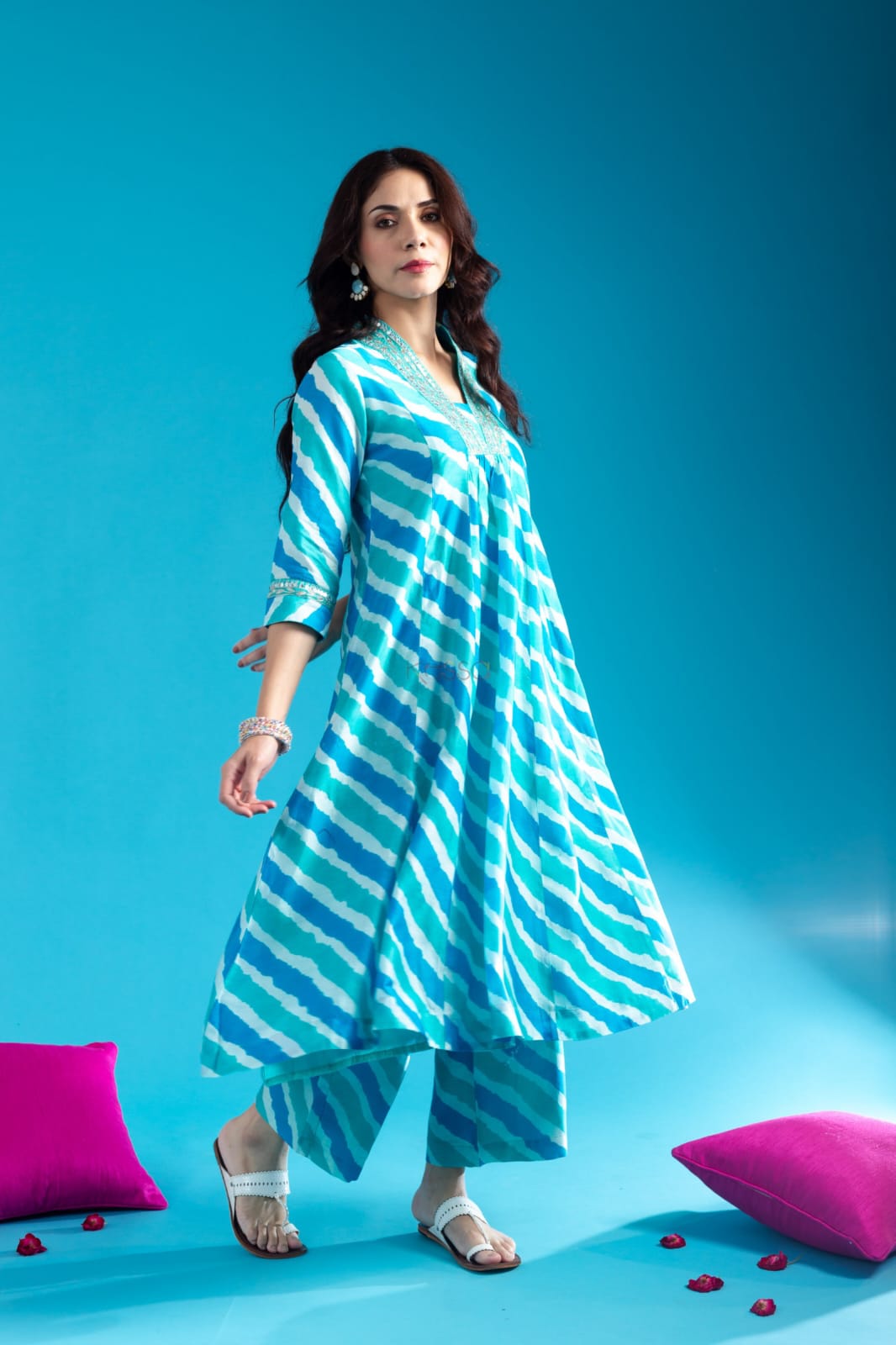 Aqua blue pure cotton elegant v neck 2 piece co-ord set