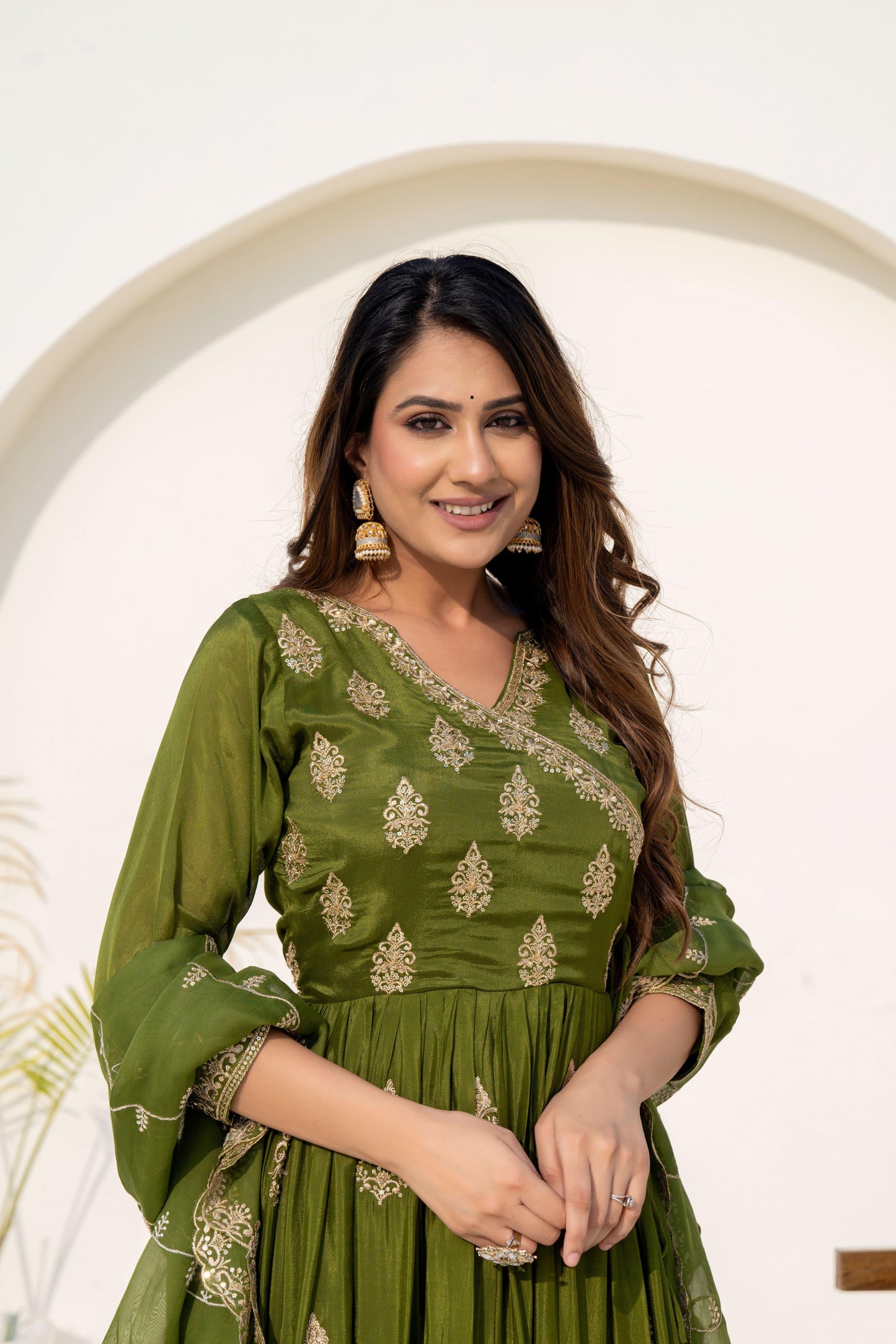 Green pure chanderi heavy work angrakha festive kurta set