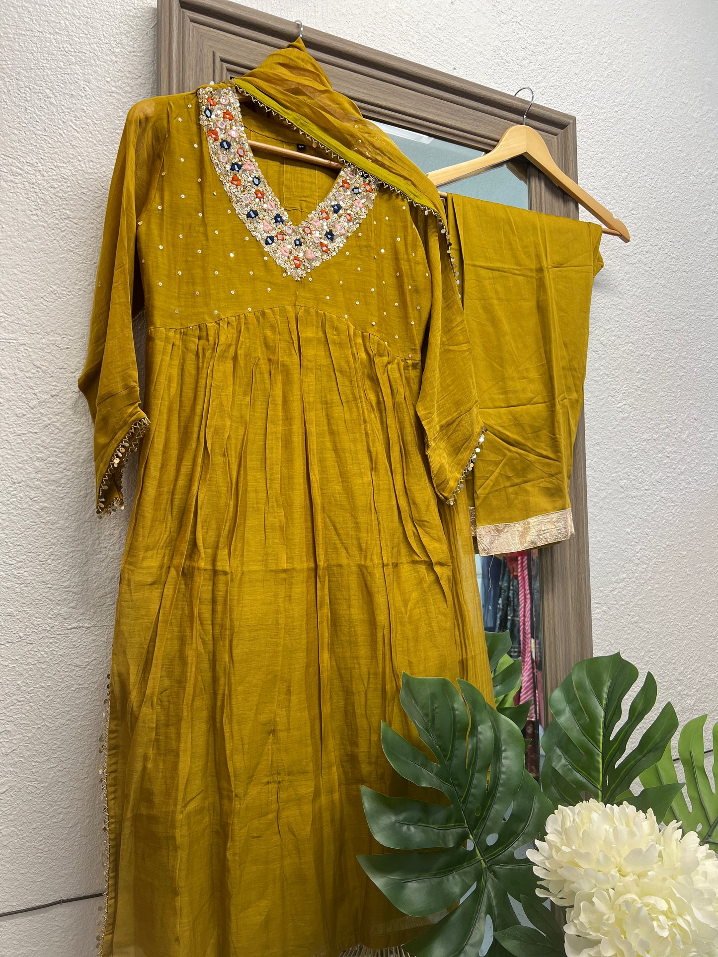 Mustard pure mul chanderi v neck suit