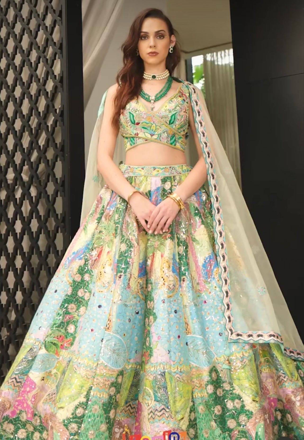 Green Multicolor partywear handwork lehenga