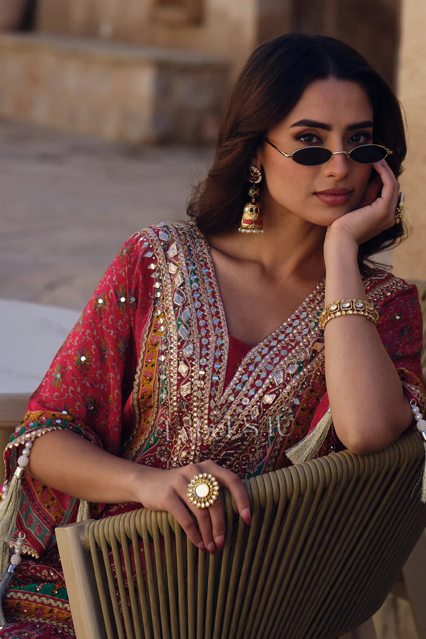 Dark red partywear gota and mirror work kaftan sharara set