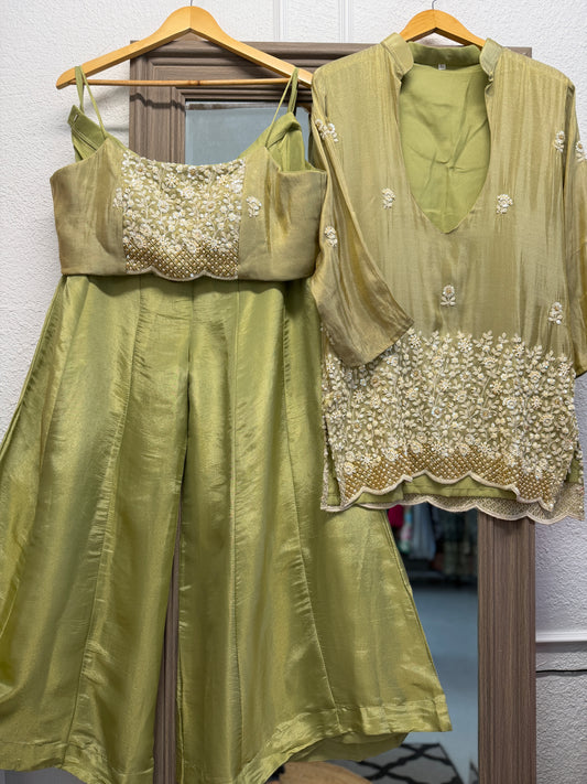 Pistachio heavy handwork crop top palazzo and jacket set partywear