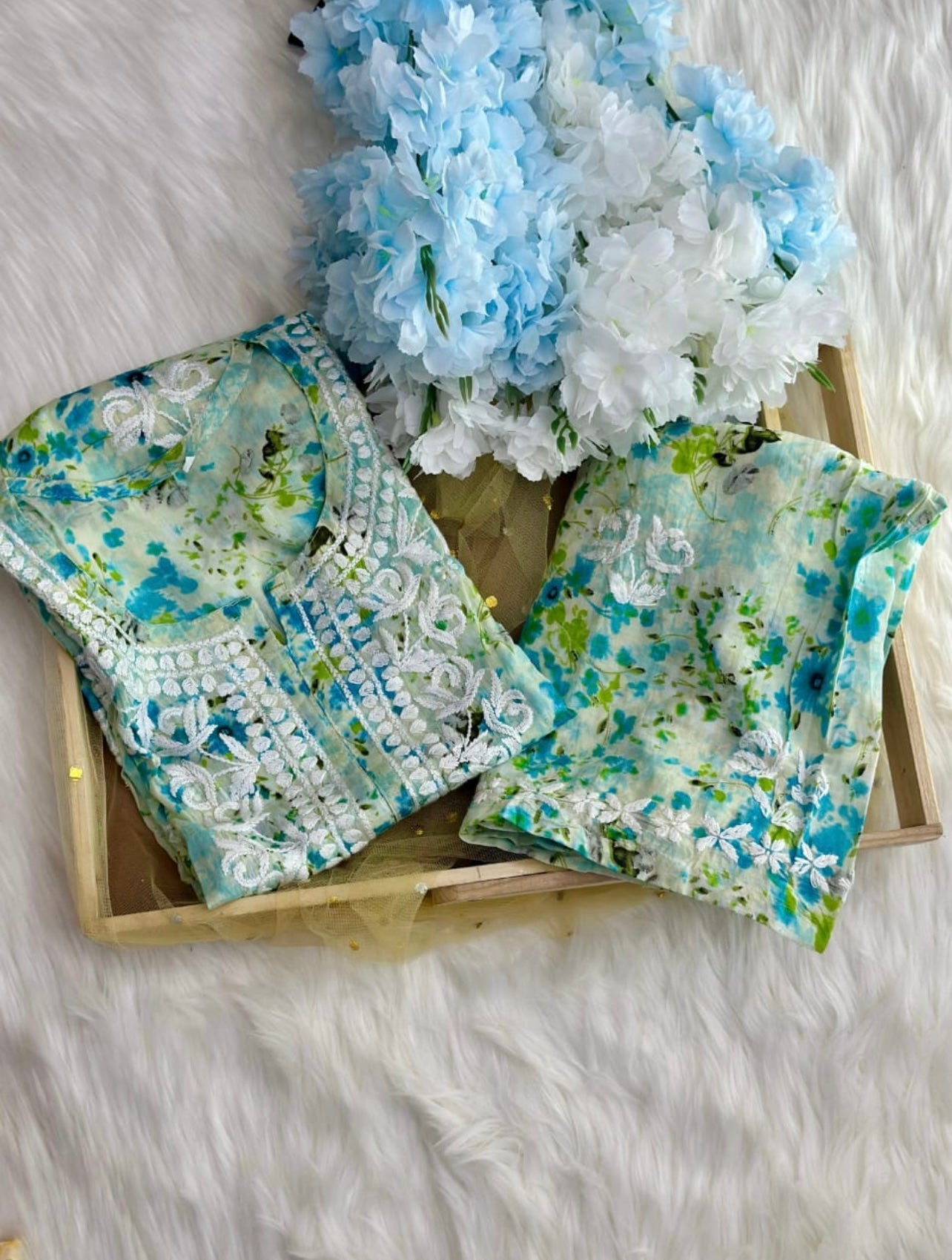 Teal green mulmul chikankari kurti with palazzo