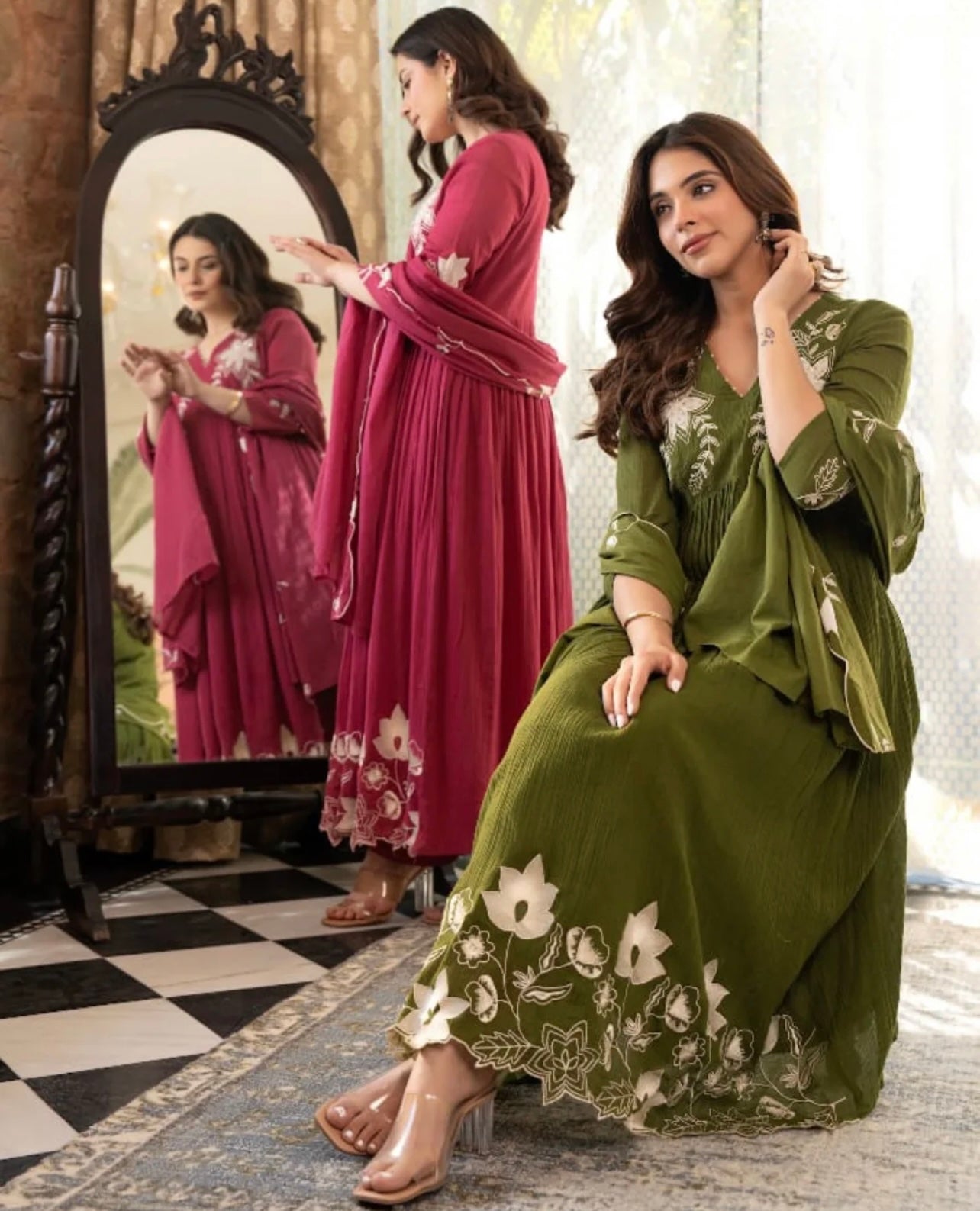 Olive green beautiful appique work suit