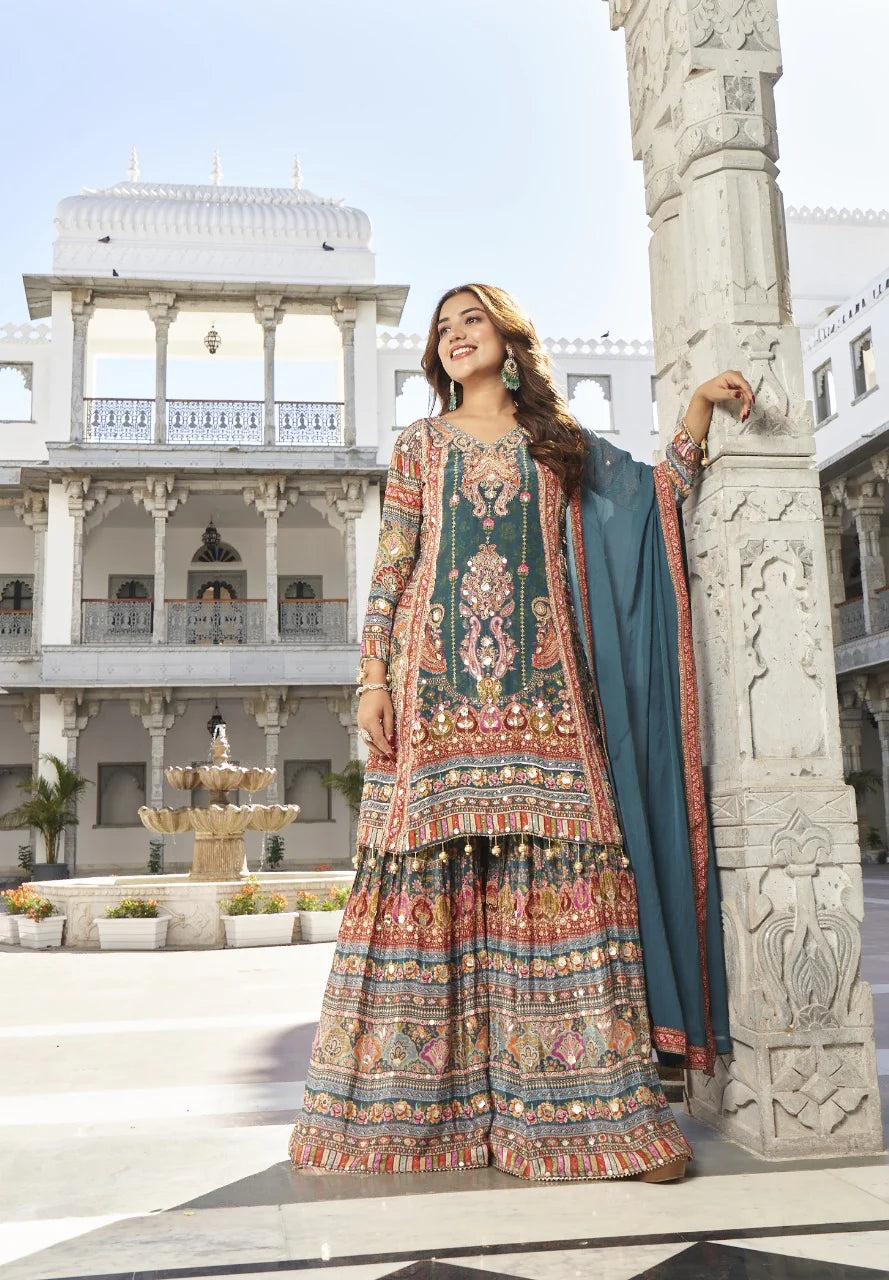 Teal pure crepe stunning sharara suit