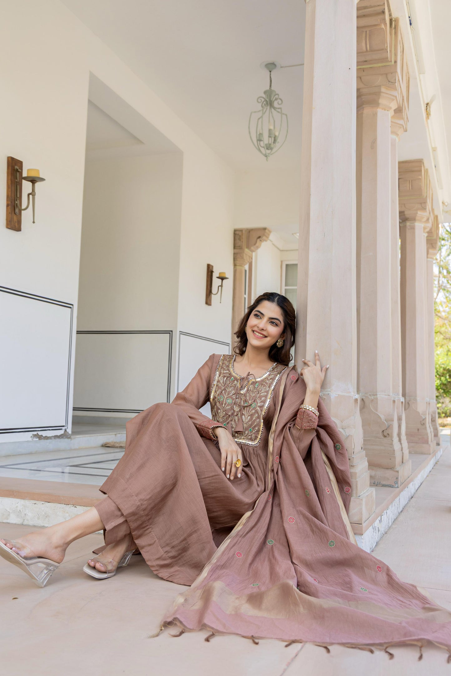 Beige pure mul chanderi heavy handwork yoke suit