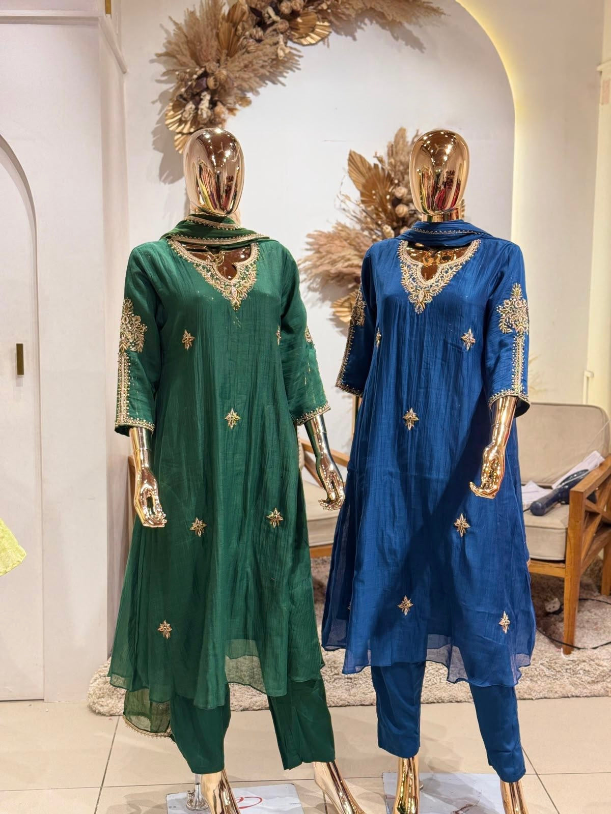 Blue premium mul chanderi heavy handwork suit