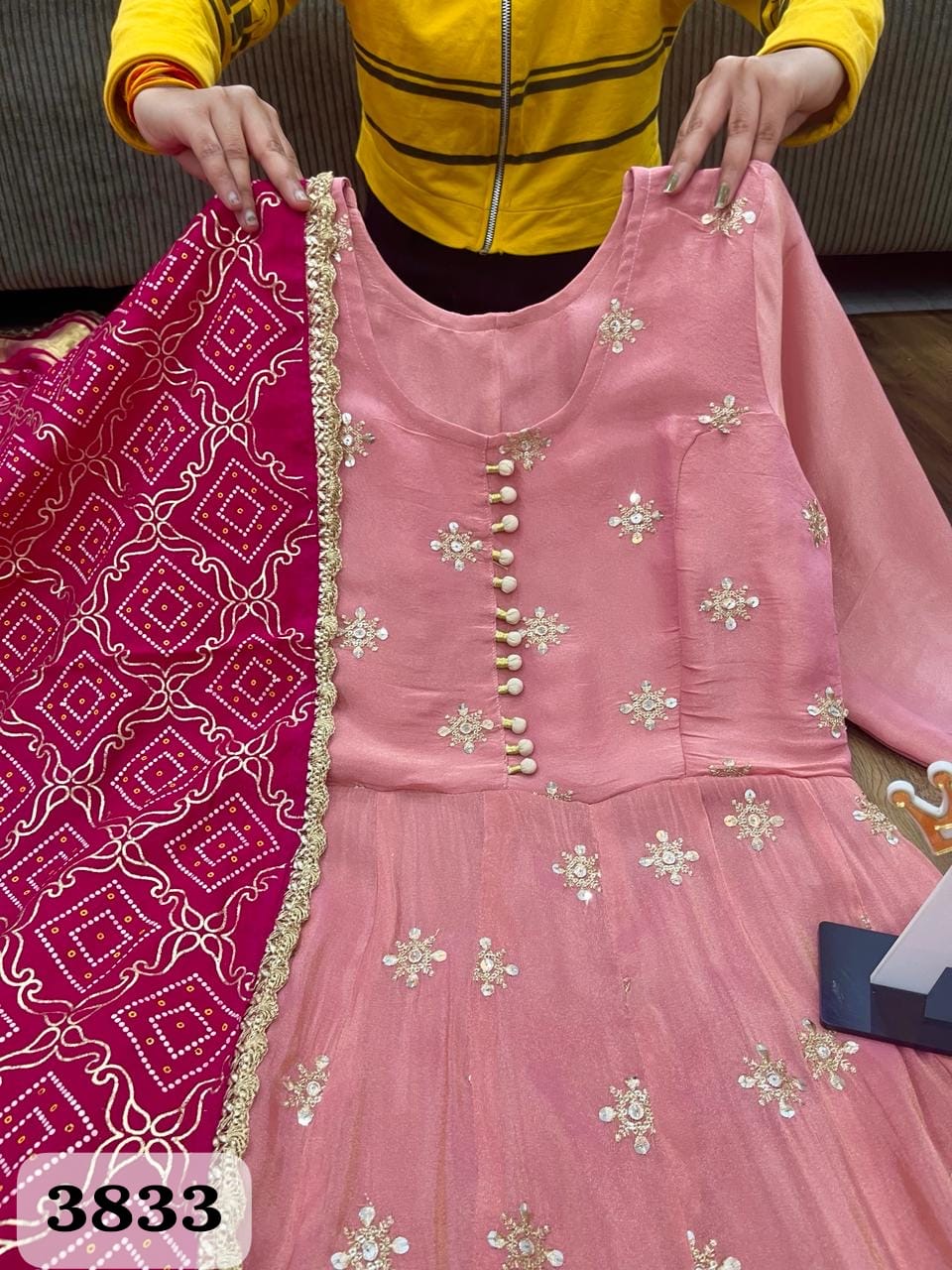 Premium pink jacquard fabric anarkali kurti and dupatta