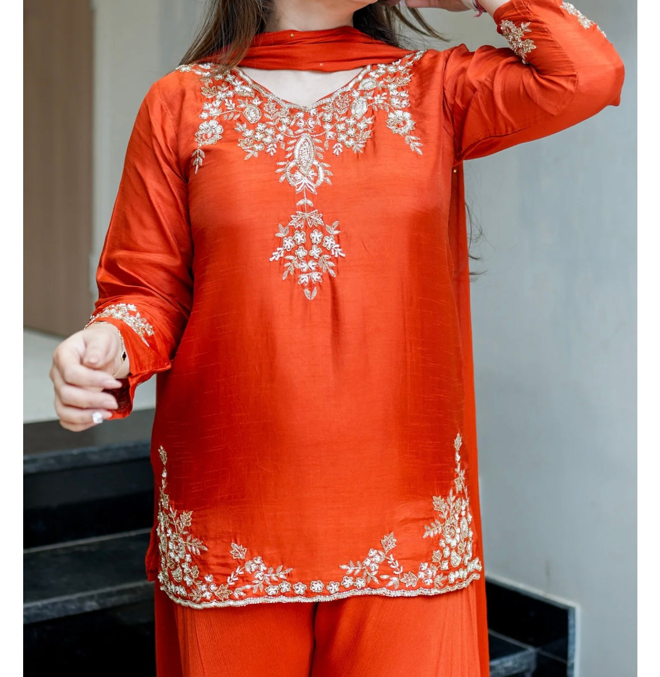 Rust orange Pure dola silk heavy handwork sharara suit
