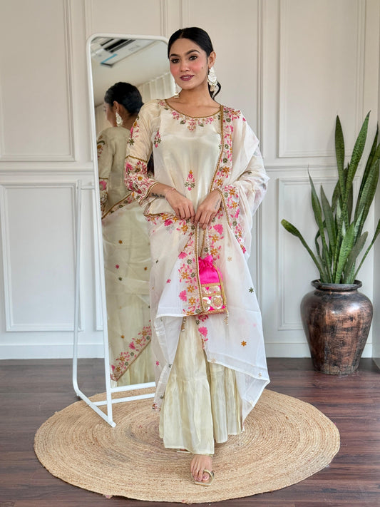 Off white tissue sharara set with heavy kashmiri work