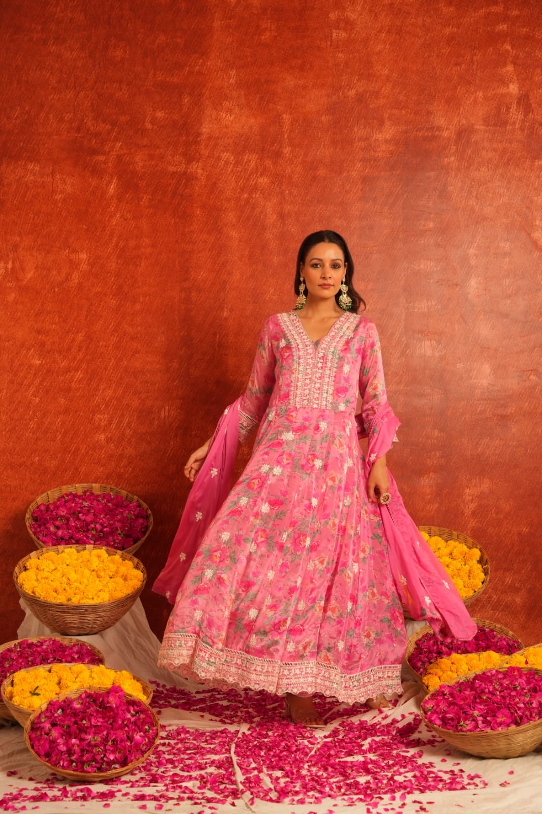 Pink elegant floral anarkali kurta set