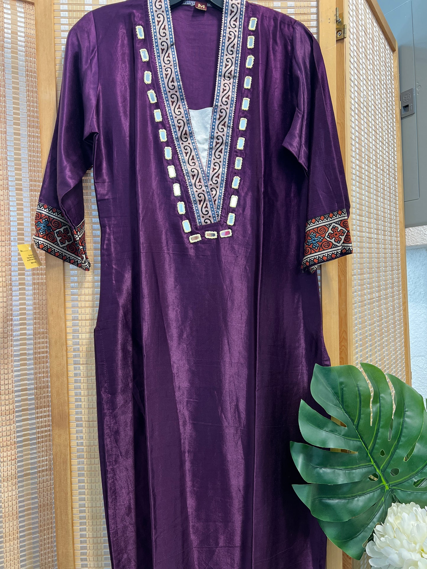 Violet pure gaji silk v neck kurti with real mirror work