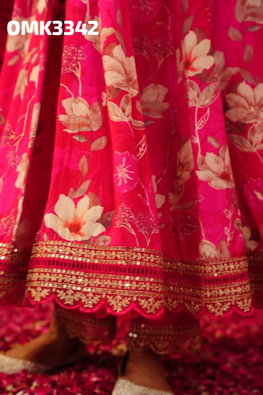 Hot pink floral pure chinnon silk anarkali kurta set