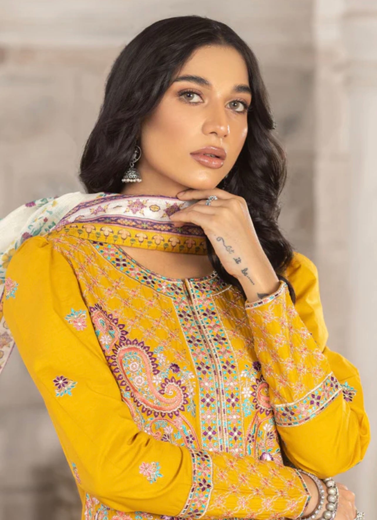 Yellow beautiful heavy embroidered suit pakistani style
