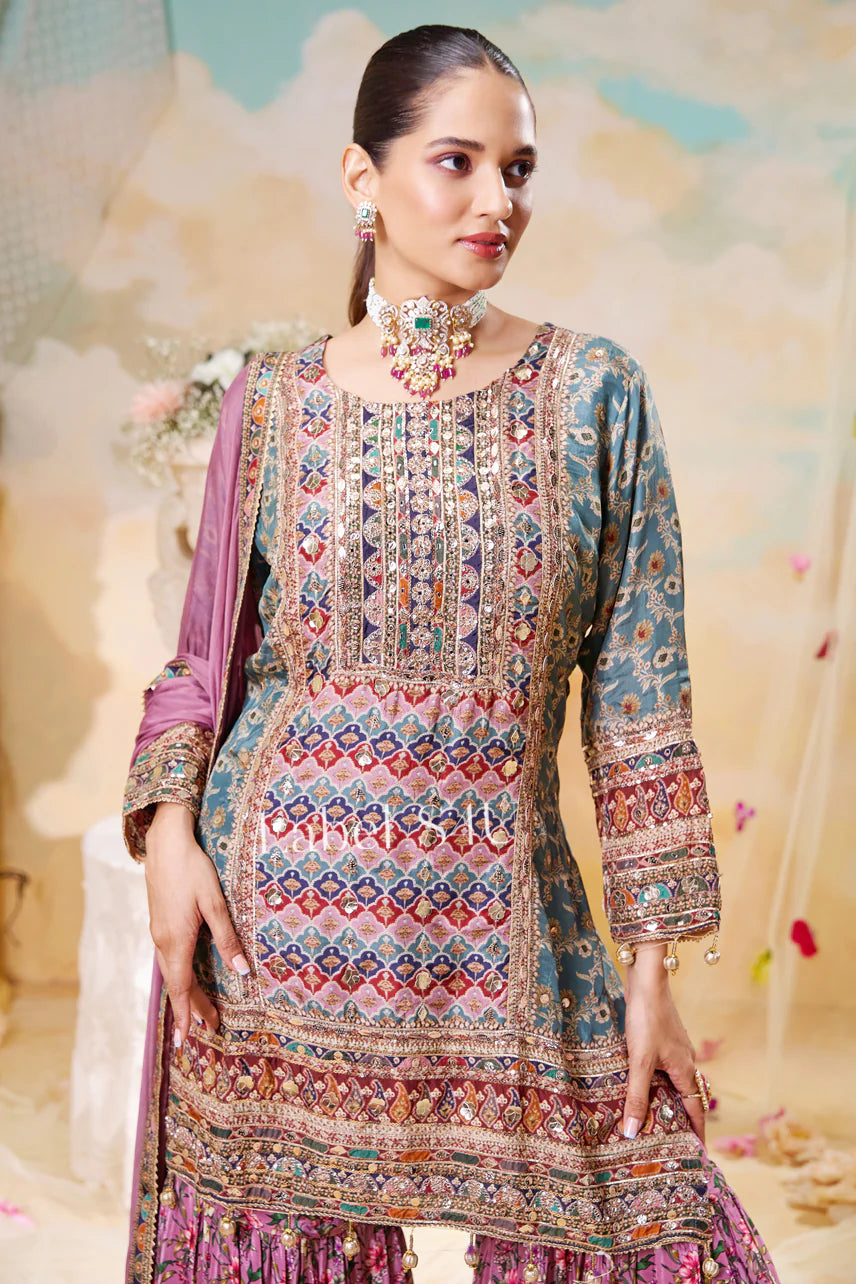 Gul bahar elegant partywear crepe sharara set