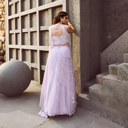 Lavender heavy handwork drape style indo western lehenga