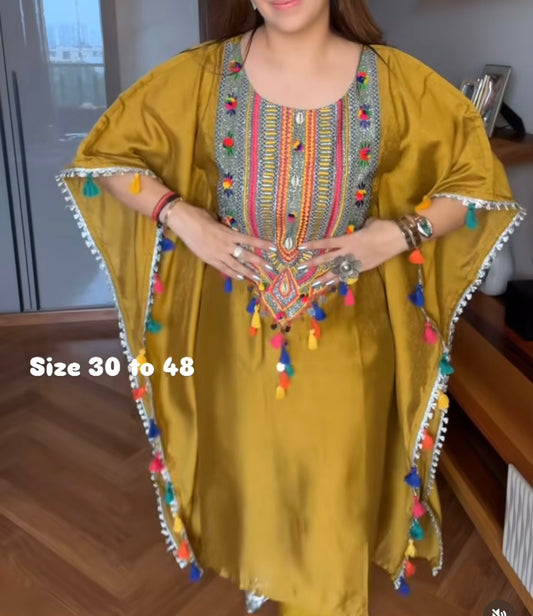 Mustard heavy embroidered trendy kaftan set with tassels
