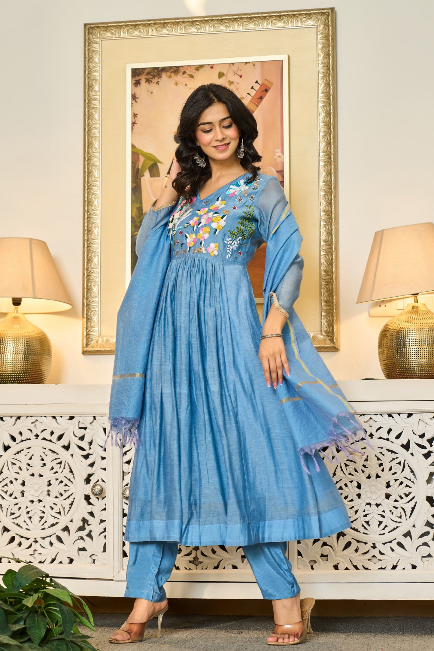 Ice blue pure mul chanderi elegant heavy handwork suit