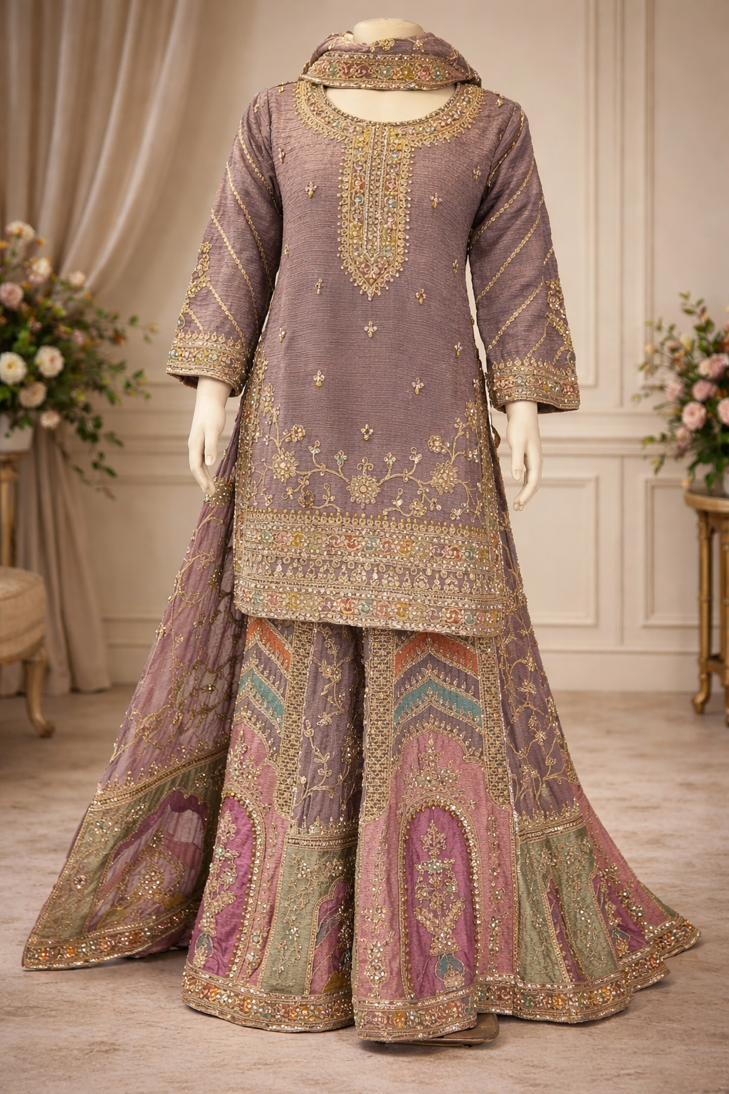Girls Lavender heavy handwork sharara suit