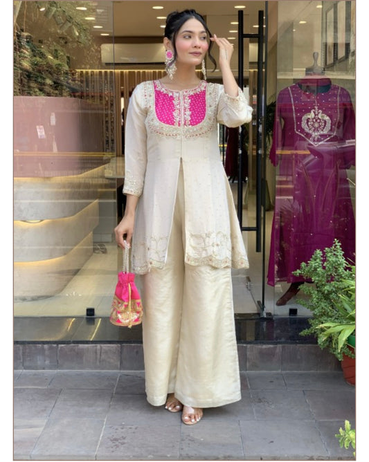 Off white pink shimmer silk viral stunning handwork co-ord set