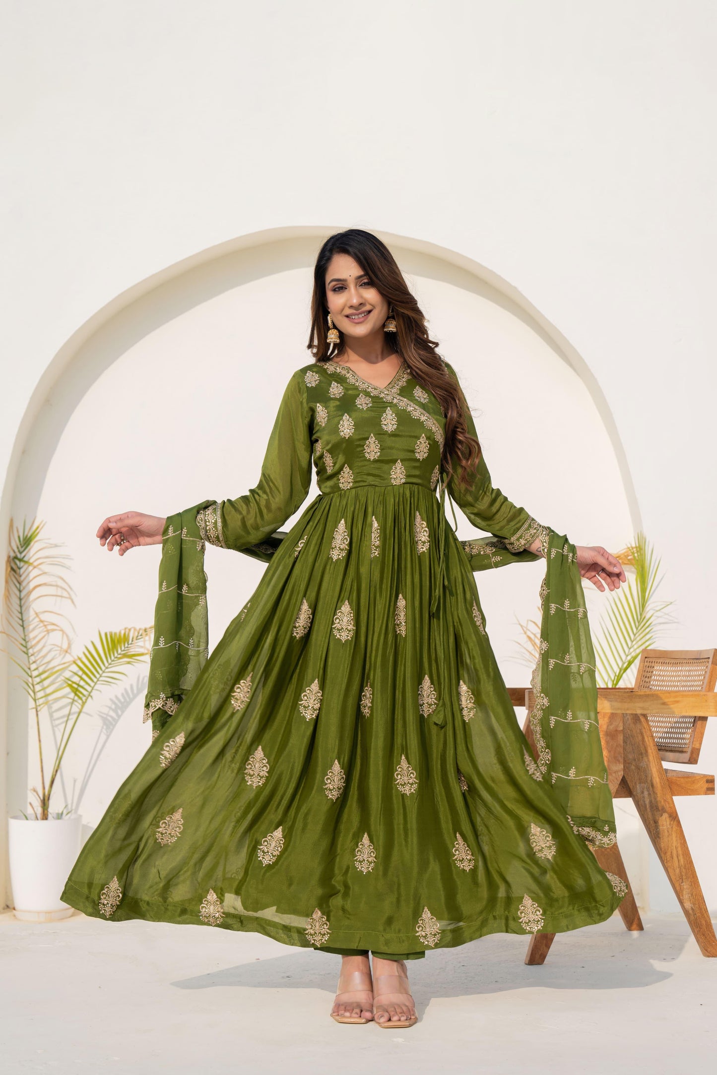Green pure chanderi heavy work angrakha festive kurta set