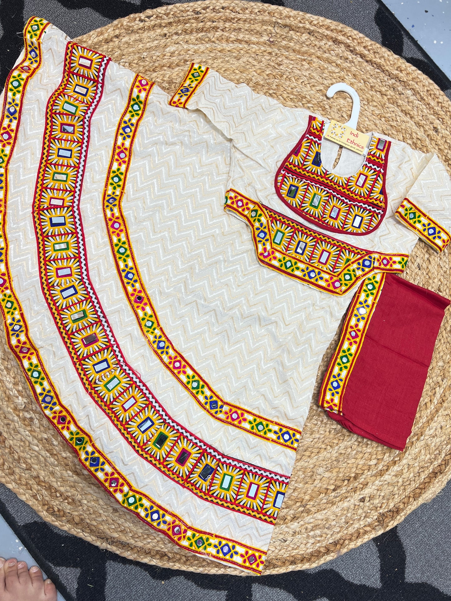 Off White and red real mirror work lehenga choli dupatta