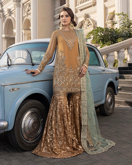 Gold heavy work party wear sharara suit
