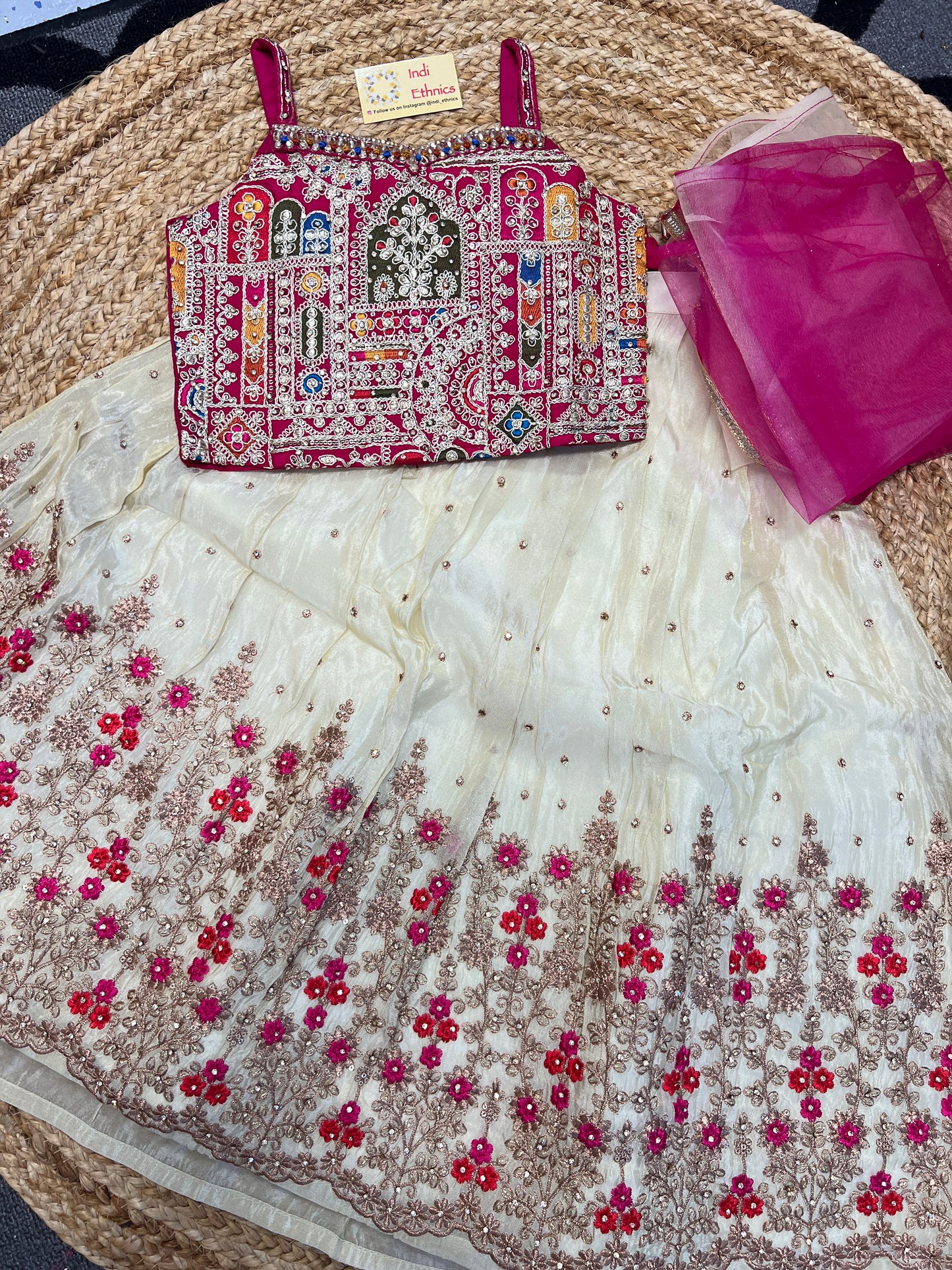 Girls Pink and off white heavy work lehenga choli dupatta