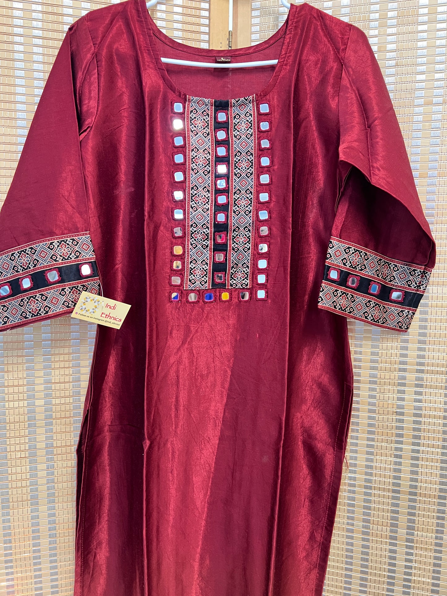 Maroon pure gaji silk kacchi work kurti with real mirror work