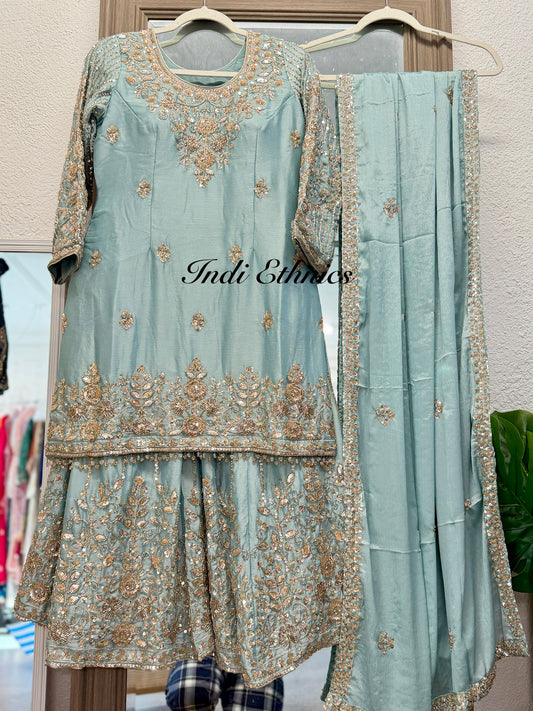Frost blue heavy handwork sharara suit