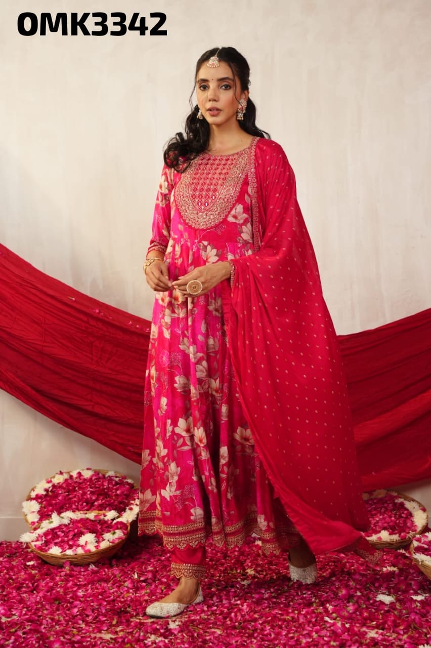 Hot pink floral pure chinnon silk anarkali kurta set