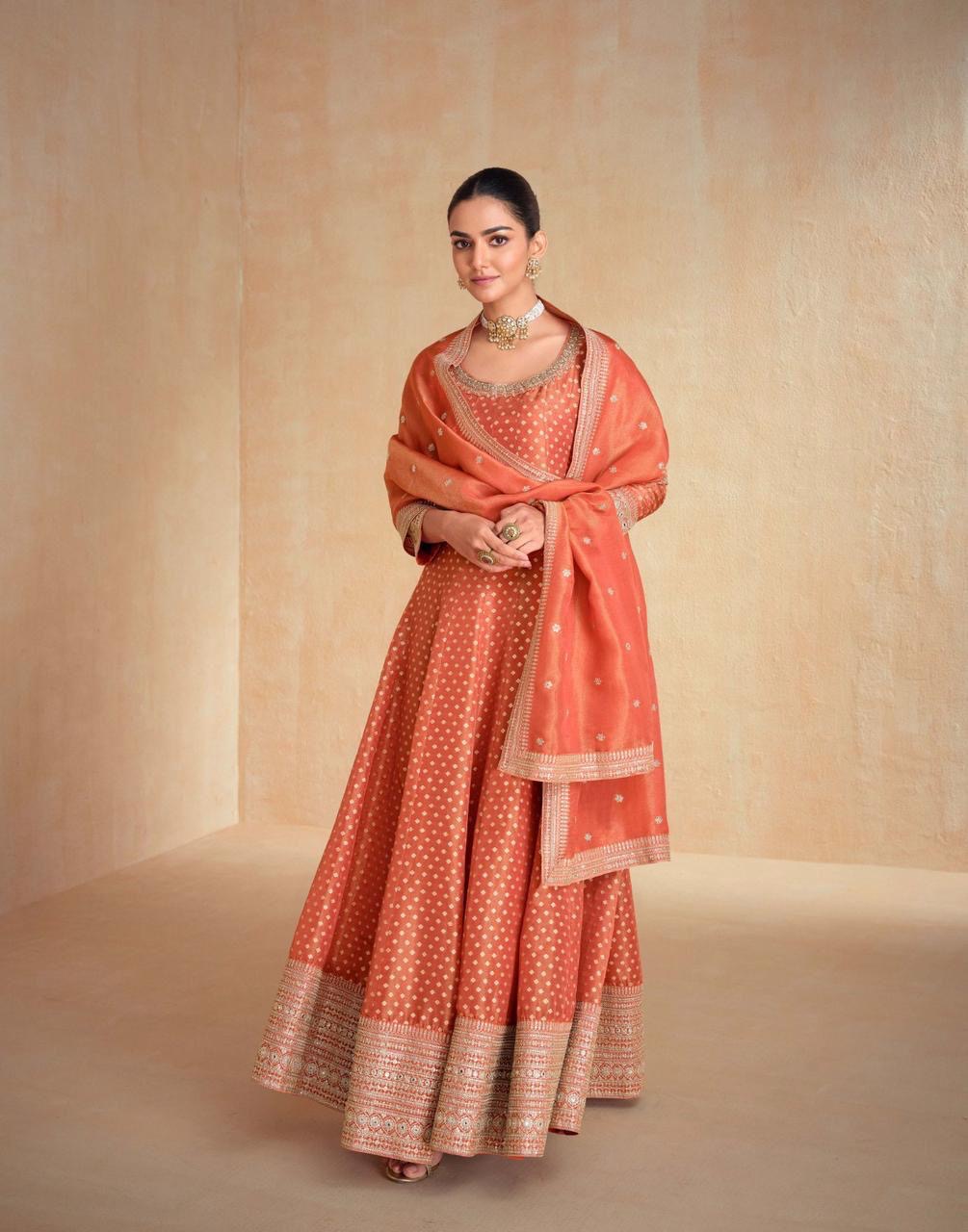 Orange banarasi jacquard long anakali gown set