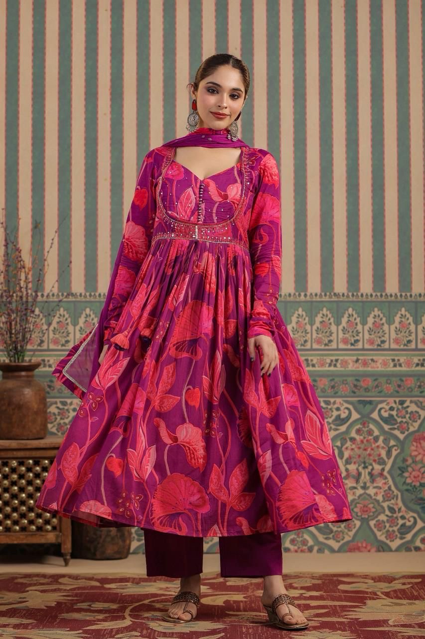 Purple and pink beautiful jacket style kurta set with mirror work