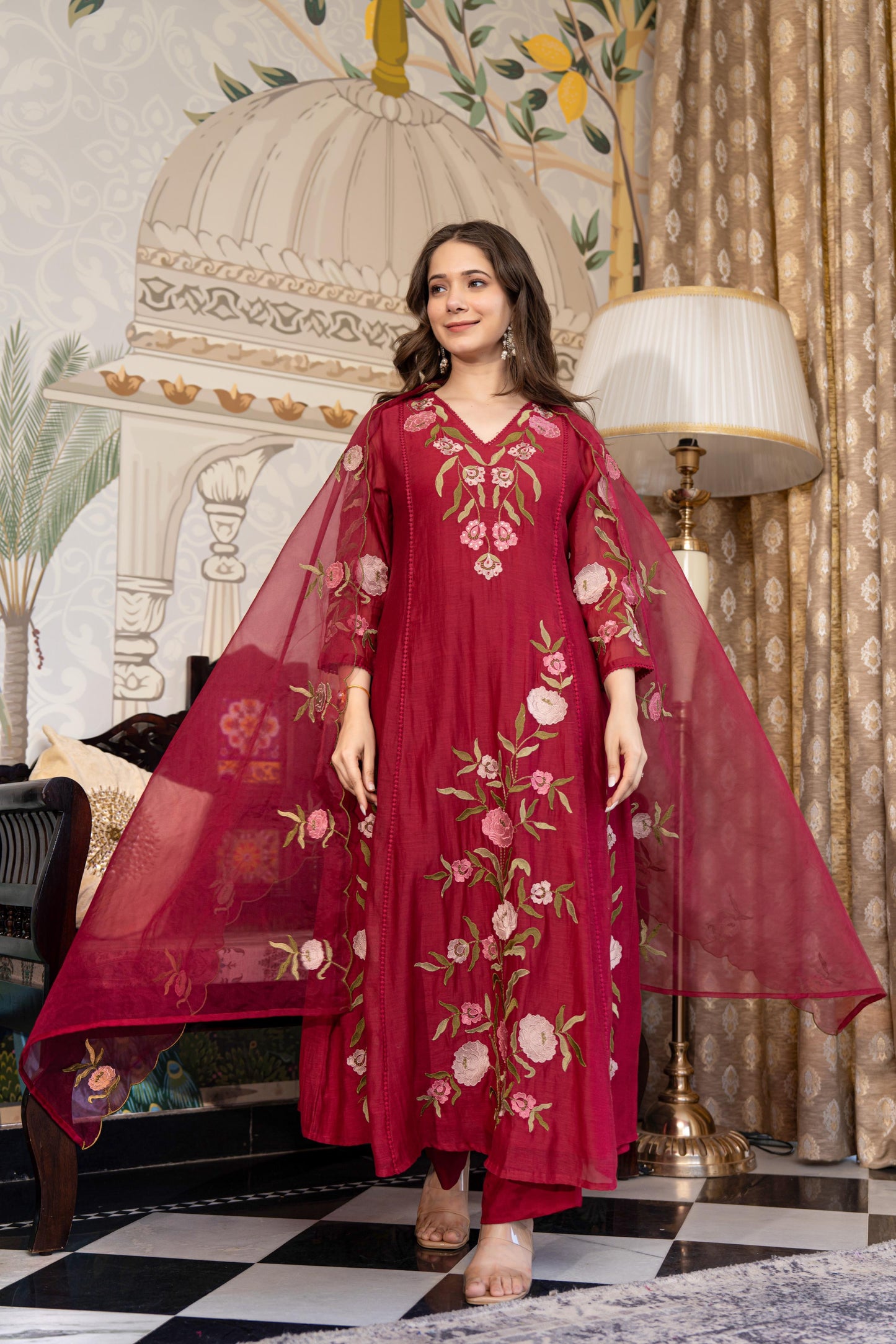 Wine pure mul chanderi stylish A line suit