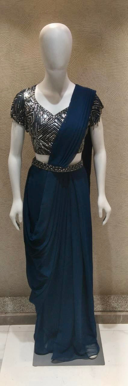 Teal heavy sequin work predraped ready to wear saree